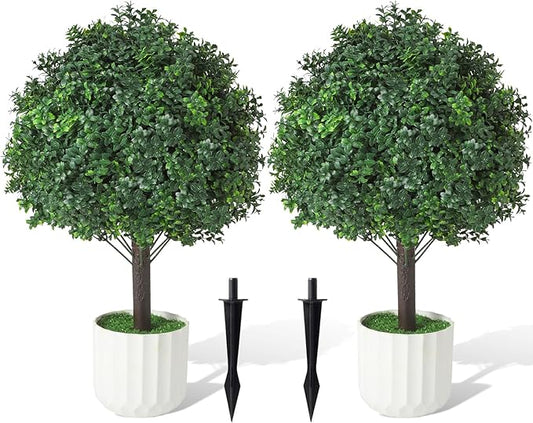 Boxwood Topiary Ball Trees Artificial Outdoor Set of 2, Dual-Base Weighted Planters/Spikes UV Resistant Fake Evergreen Bushes Plants for Front Porch Patio Garden and Door Decor