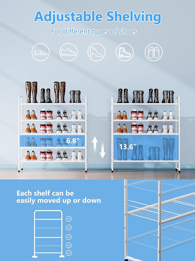 SUFAUY 5 Tier Shoe Rack 33" Wide, Shoe Storage Shelf for Entryway Garage, Heavy Duty Metal, White