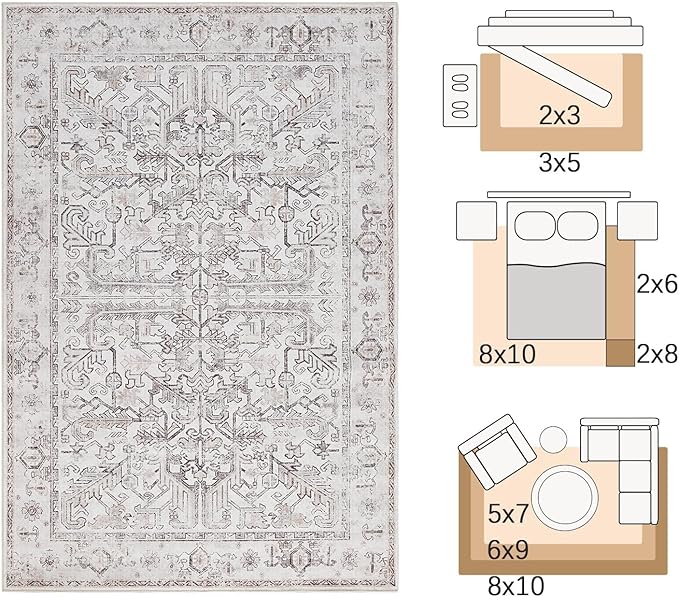 jinchan Kitchen Runner Rug 2x8 - Vintage Floral Machine Washable Non-Slip Hallway Runner Rug with Rubber Backing Ultra-Thin Carpet for Bedroom Laundry Room Farmhouse (2x8ft,Taupe)