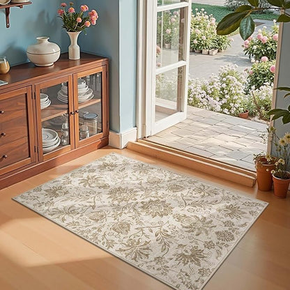 jinchan 3x5 Area Rugs for Entryway, Vintage-Inspired Floral Neutral Design Washable Non-Slip Low-Pile Rug, Ultra-Thin Indoor Traditional Accent Carpet for Entrance Kitchen Bedroom Hallway, Taupe