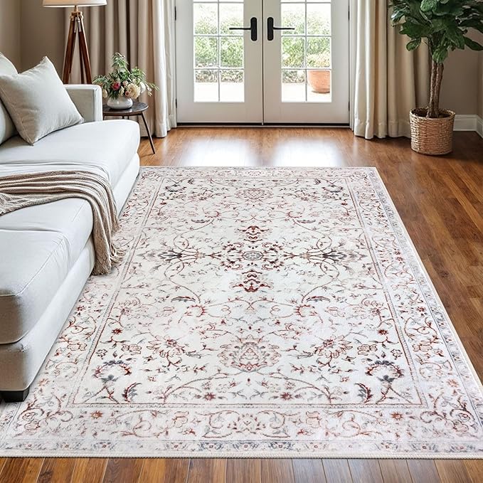 KILOCOCO Area Rug 5x7 Living Room Rug Washable Printed Vintage Floral Non Slip Soft Rubber Backed Indoor Bedroom Rugs for Laundry Room Kitchen Playroom Moroccan Area Rugs, White