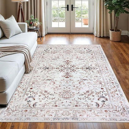 KILOCOCO Area Rug 5x7 Living Room Rug Washable Printed Vintage Floral Non Slip Soft Rubber Backed Indoor Bedroom Rugs for Laundry Room Kitchen Playroom Moroccan Area Rugs, White