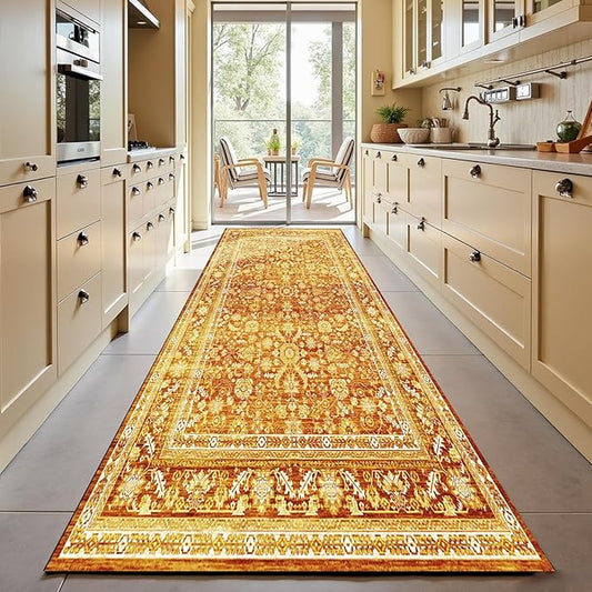 OPPODREAM Thin Vintage Orange 3x10 Runner Rug, 3 x 10 Retro Washable Rug Non Slip, Low-Pile Faux Wool Carpet, Distressed Floor Mat for Kitchen, Hallway, Entry-Way, Entrance, Indoor Back Door