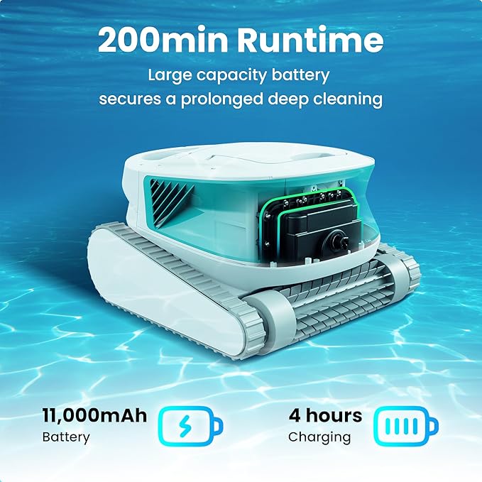 Poolmate Hydro 3 All-in-one Pool Vacuum Robot, 200mins Runtime Cordless Pool Cleaner, 2 150W Brushless Motor+Floor/Wall/Waterline Scrubber Brush,Ideal for Inground/Above-Ground Swimming Pools