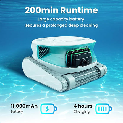 Poolmate Hydro 3 All-in-one Pool Vacuum Robot, 200mins Runtime Cordless Pool Cleaner, 2 150W Brushless Motor+Floor/Wall/Waterline Scrubber Brush,Ideal for Inground/Above-Ground Swimming Pools
