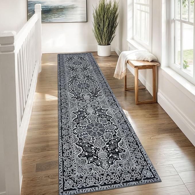 KUTA Runners for Hallways 2x8 Black, Vintage Medallion Kitchen Rugs Non-Slip Ultra Soft Washable Printed Retro Distressed Vintage Carpet Entryway Runners for Bedroom Laundry Nursery