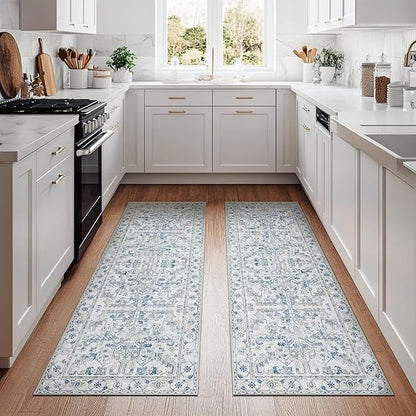 jinchan Kitchen Runner Rug 2x6-2pcs,Vintage Hallway Rug Washable Floral Non Slip with Rubber Backing Soft Carpet Runner for Bedroom Laundry Room Living Room Blue