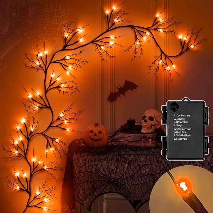 6 Ft 54 LED Halloween Willow Vine Twig Decor Garland with 8 Modes Timer Waterproof Battery Operated Scary Halloween Decorations for Home Wall Mantle Fireplace Decor