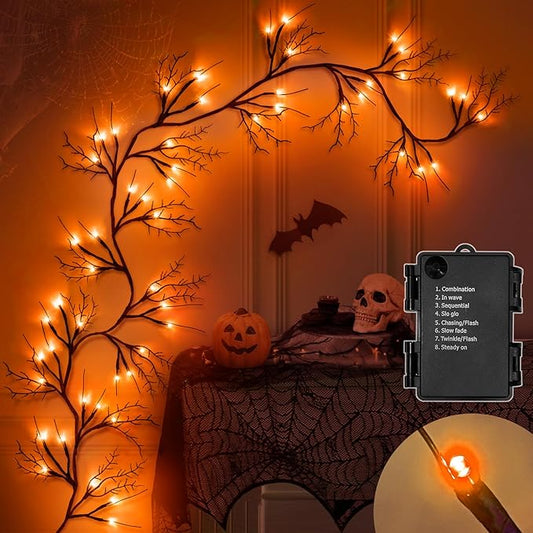 6 Ft 54 LED Halloween Willow Vine Twig Decor Garland with 8 Modes Timer Waterproof Battery Operated Scary Halloween Decorations for Home Wall Mantle Fireplace Decor
