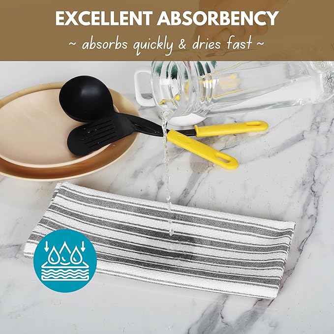 Native Fab Gray Stripe Kitchen Towels - 12 Pack - 100% Cotton, Basket Weave Striped Dishcloths Set - 16 x 26 Inches - Absorbent, Quick Drying, Durable & Washable Towel with Hanging Loop - Grey White