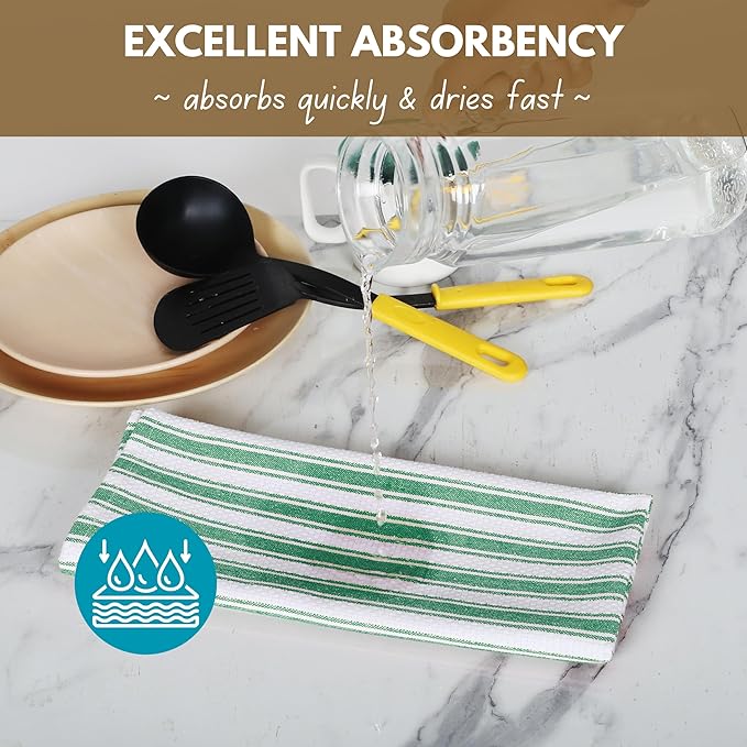 Native Fab Cotton Kitchen Towels - 16x26 inches - Set of 4 - Basket Weave Stripe Dish Towels for Cleaning, Drying Dishes, Absorbent Dish Cloths Set with Hanging Loop - Royal Green