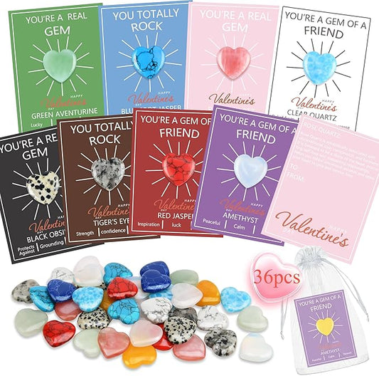 36 Pack Valentine’s Day Gifts for Kids, Valentine’s Day Cards with Heart-Shaped Crystal Gemstones for School Classroom Exchange, Valentine Party Favors&Goody Bag Fillers for Girls and Boys Ages 4–12