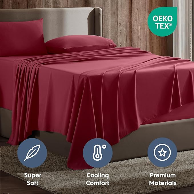 Nestl California King Sheet Set - 1800 Ultra-Soft Microfiber Cal King Bed Sheets - Double Brushed - Deep Pockets - Easy Fit - 4 Piece Set - Bed Sheets (California King, Burgundy Red)