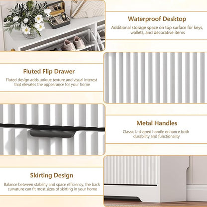 Shoe Cabinet Storage for Entryway with 4 Flip Drawers, White Fluted Shoe Cabinet with Adjustable Shelves, Wooden Hidden Shoes Rack Freestanding Narrow Slim Shoes Storage for Hallway, Entrance