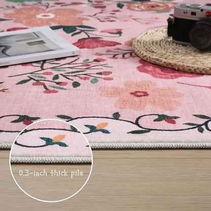 Rugcomf Area Rugs 8x10 Rug for Living Room Clearance Washable Boho Area Rug Non Slip Floral Vintage Low Pile Large Rug for Living Room, Bedroom, Farmhouse, Dining Room, Kids Playroom(Pink)