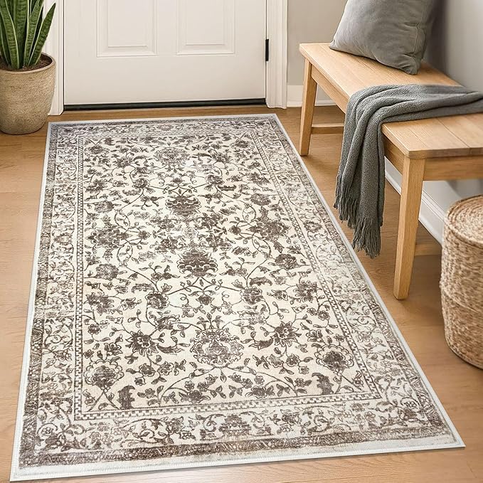 KILOCOCO Area Rug 3x5 Entryway Rug Washable Printed Vintage Floral Rubber Backed Non Slip Indoor Kitchen Rugs for Living Room Laundry Room Playroom Mudroom Moroccan Area Rugs, Beige/Brown