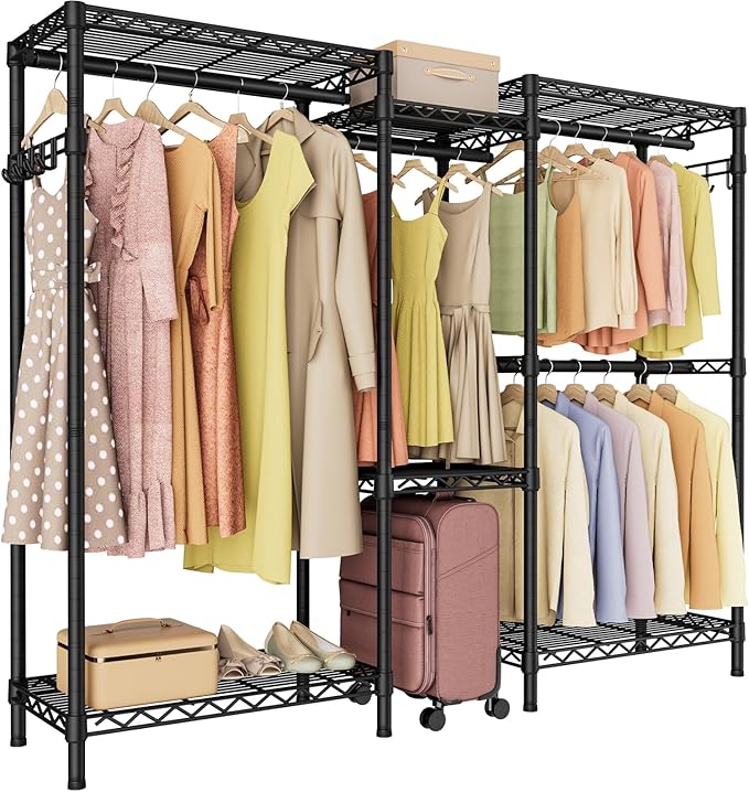 Heavy Duty Garment Rack Clothes Rack,Large Metal Closet Organizer System Storage Wardrobe,Freestanding Clothing Rack with 7 Adjustable Wire Shelves&2 Hang Rods,MaxLoad 1000lbs