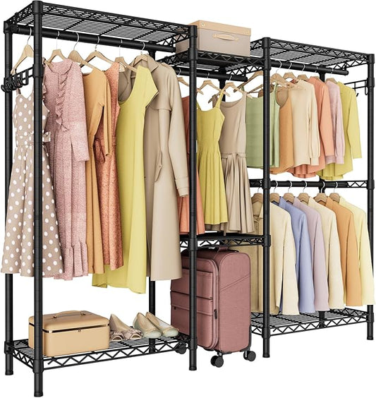 Heavy Duty Garment Rack Clothes Rack,Large Metal Closet Organizer System Storage Wardrobe,Freestanding Clothing Rack with 7 Adjustable Wire Shelves&2 Hang Rods,MaxLoad 1000lbs
