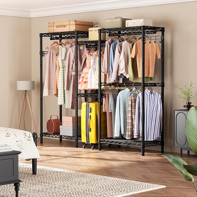 Heavy Duty Garment Rack Clothes Rack,Large Metal Closet Organizer System Storage Wardrobe,Freestanding Clothing Rack with 7 Adjustable Wire Shelves&2 Hang Rods,MaxLoad 1000lbs