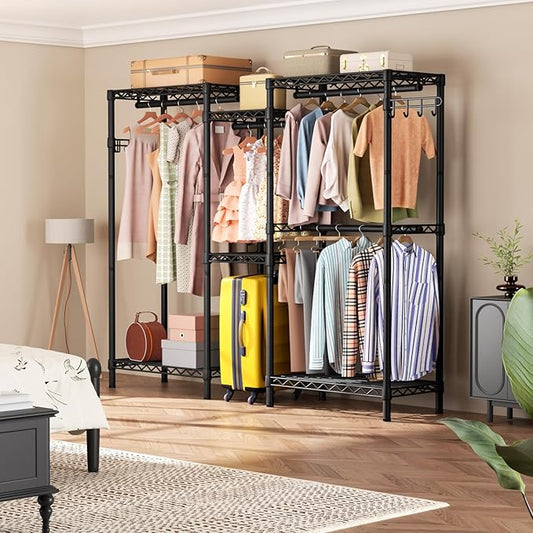 Heavy Duty Garment Rack Clothes Rack,Large Metal Closet Organizer System Storage Wardrobe,Freestanding Clothing Rack with 7 Adjustable Wire Shelves&2 Hang Rods,MaxLoad 1000lbs