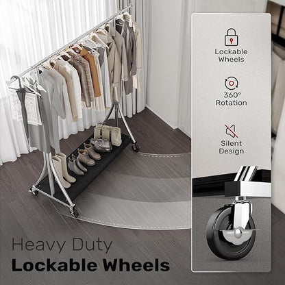 MAXLEAD Clothes Rack, Clothing Rack with Wood Shelves 500 LBS Heavy Duty Garment Rack for Hanging Clothes Portable Closet Sturdy Coat Rack for Bedroom, Living Room, Laundry, Balcony, Silver