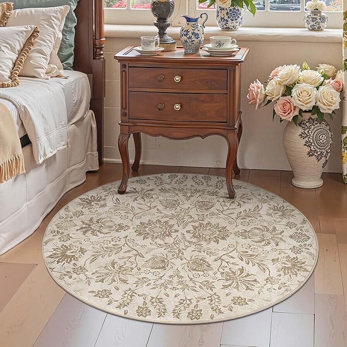 jinchan Classic Floral Round Rug 5ft, Vintage-Inspired Neutral Design 5’Circle Rug, Machine Washable Ultra-Thin Low-Pile Non-Slip Indoor Carpet for Bedroom Dining Room Living Room Entryway Taupe
