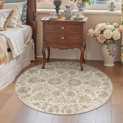 jinchan Classic Floral Round Rug 4ft, Vintage-Inspired Neutral Design 4’Circle Rug, Machine Washable Ultra-Thin Low-Pile Non-Slip Indoor Carpet for Bedroom Dining Room Living Room Entryway Taupe