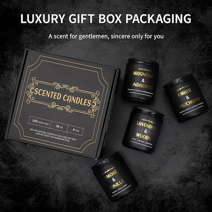 Scented Candles for Men, 4 Pack Mens Candle Gift Set, Relaxation Candles for Home Scented, 28oz Soy Wax Aromatherapy Candles of Lavender/Patchouli/Sandalwood/Smoke & Vanilla