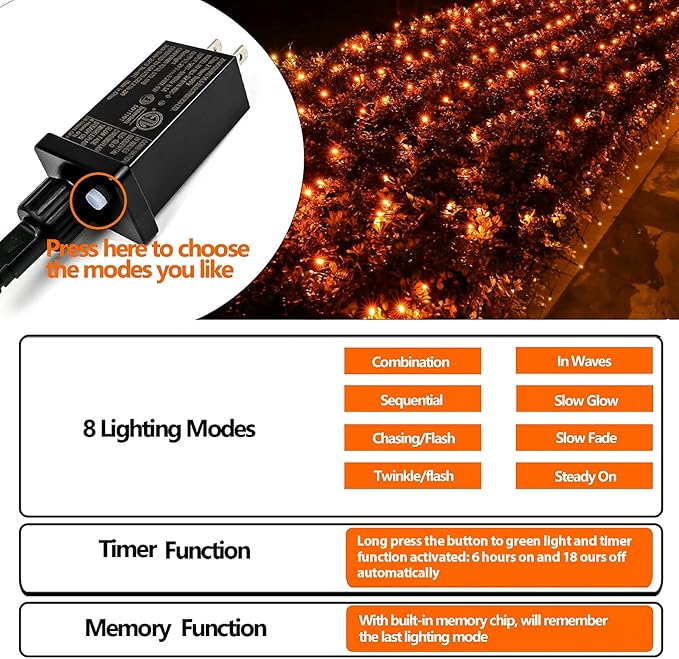 YIQU Orange 82FT 200 LED Extendable Halloween Lights for Outdoor/Indoor, 8 Lighting Modes Plug in String Lights for Halloween Decorations Bedroom Party Decor Room Garden Patio Tree (Orange)