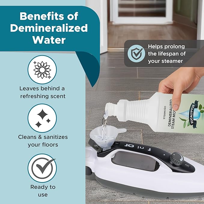 Steam & Go Demineralized Water Cleaning Solution for Floor & Multi-Surface Steam Cleaners - Compatible for All Steam Mops - Eucalyptus Mint Scent, 32 oz, Pack of 6