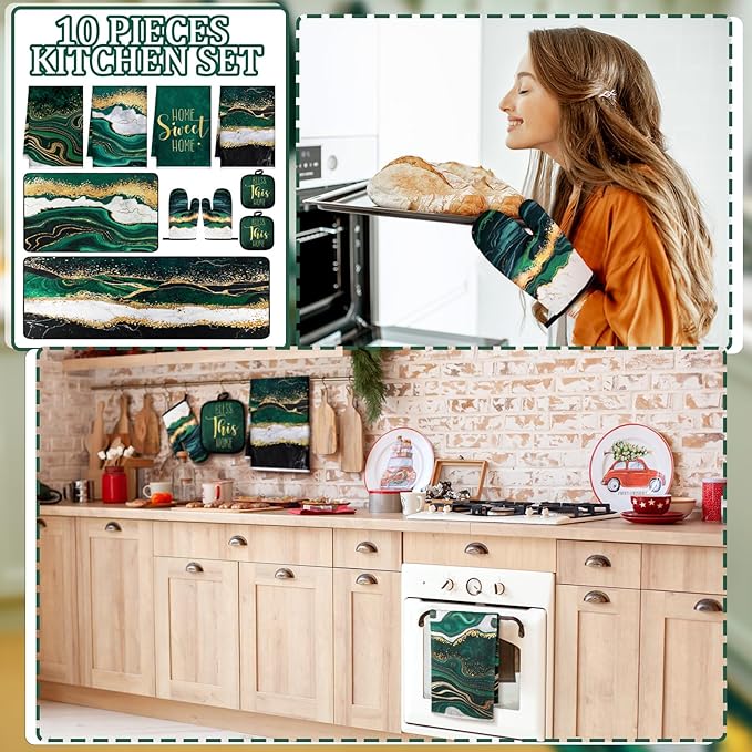 10 Pcs Christmas Marble Farmhouse Kitchen Decor Accessories Set Marble Kitchen Dish Towels Rugs Oven Mitts and Pot Holders Sets for Cooking Baking Daughter Mom Gift(Green)