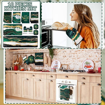 10 Pcs Christmas Marble Farmhouse Kitchen Decor Accessories Set Marble Kitchen Dish Towels Rugs Oven Mitts and Pot Holders Sets for Cooking Baking Daughter Mom Gift(Green)