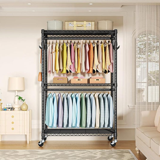 FUTASSI P1 Plus Rolling Clothes Rack, 22mm Diameter Heavy Duty Garment Rack with Wheels, Portable Closet Wardrobe with Double Rods, 45" W x 17.7" D x 80.5" H, Max Load 524 LBS, Black
