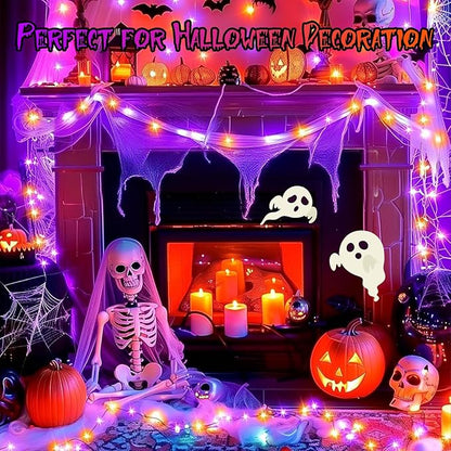 Purple&Orange Halloween Lights, 33FT 100 LED Outdoor String Light with Timer & 8 Modes, 3AA Battery Operated Waterproof String Light for Outdoor and Indoor Halloween Decor
