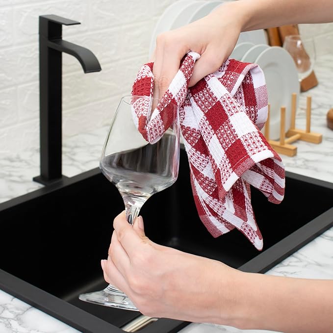 Blue Needles Waffle Weave Kitchen Towels, 15x25 Inches 100% Cotton Set of 6 Dish Cloths for Kitchen, Ultra Soft & Absorbent with Hanging Loop, Dish Rags for Quick Drying, Assorted - Burgundy