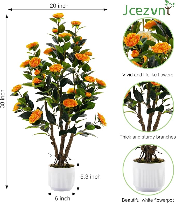 2 Pack Artificial Camellia Tree with White Pot, 38" Faux Potted Plants for Indoor Outdoor Decor, Tall Silk Greenery Plant for Home Office Living Room Balcony, Orange