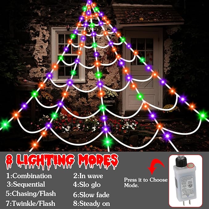 Halloween Decorations Spider Webs Lights: 150 Purple & Orange & Green LED Halloween Lights Decor Outdoor, 17.4Ft Giant Spiderweb with 8 Lighting Modes Waterproof & Timer, Yard Spider Web Decoration