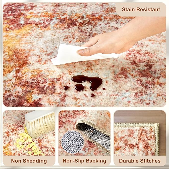 Area Rug Living Room Rugs - 6x9 Washable Modern Neutral Abstract Rugs Soft Low Pile No Slip Stain Resistant Rug Indoor Large Carpet for Bedroom Dining Room Nursery Room Home - Pink/Orange
