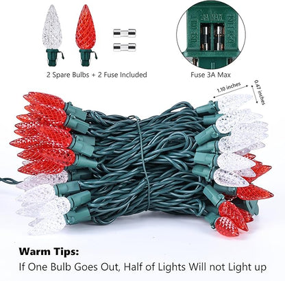 Brizled Red & White C5 Christmas Lights, 33ft 100 LED Christmas tree Lights, Connectable 120V UL Certified Faceted Christmas Lights Outdoor Indoor Xmas Lights for Christmas Tree Party Roof Decoration