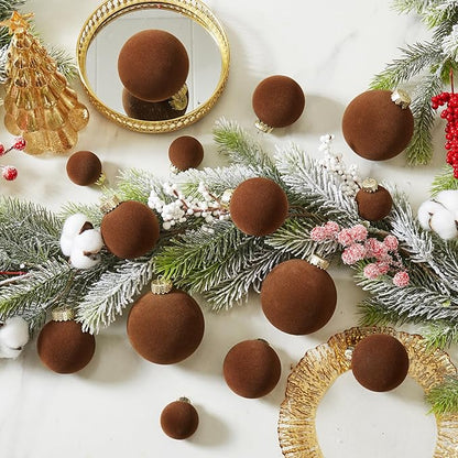 Velvet Christmas Ball Ornaments Set-46pcs Flocked Shatterproof Christmas Tree Decorations Plastic Xmas Decorative Hanging Ornaments for Xmas Holiday Home Decor,3 Sizes(Brown)