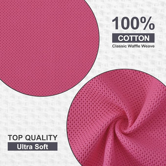 Kitinjoy 100% Cotton Kitchen Dish Cloths, 12 Pack Waffle Weave Ultra Soft Absorbent Dish Towels for Drying Dishes Quick Drying Kitchen Towels Dish Rags, 12 X 12 Inches, Hot Pink