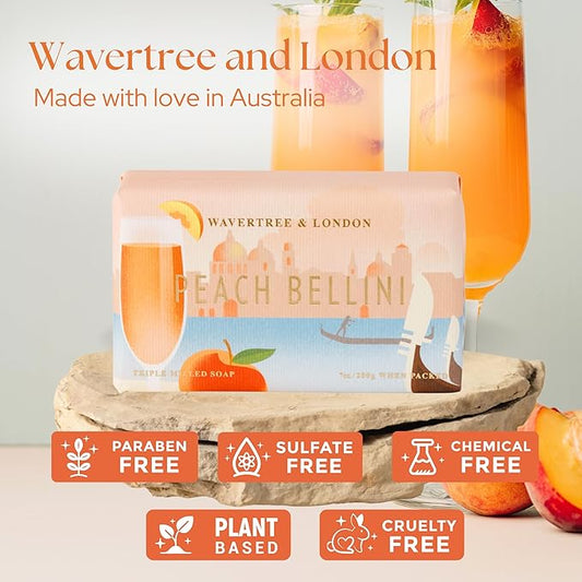 Wavertree & London Peach Bellini Scented Natural Soap Bar, 7oz Moisturizing French Triple Milled Soap Bar for Women & Men Enriched with Organic Shea Butter, Pure Bath & Body Soap (1 Bar)