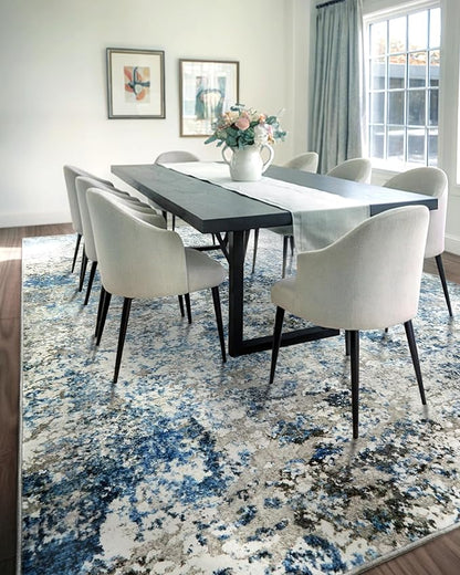 Washable Area Rug for Living Room: 5x7 Modern Abstract Neutral Soft Rug for Bedroom Dining Room No Slip Low Pile Carpet for Nursery Home Office - Grey/Blue
