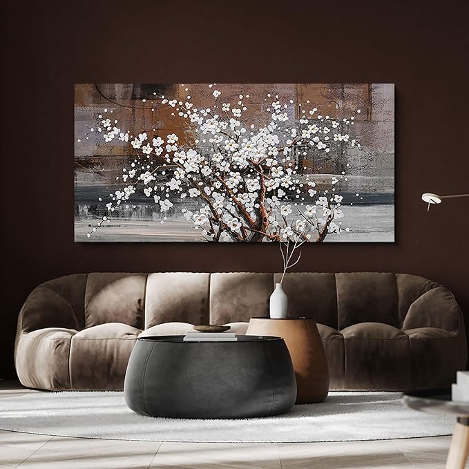 Wall Art for Living Room Large Modern Wall Decor Canvas Paintings for Wall Decorations White Flower Graffiti on Brown Background Bedroom Office Artwork Plum Blossom Art Prints Framed 24x48 inches