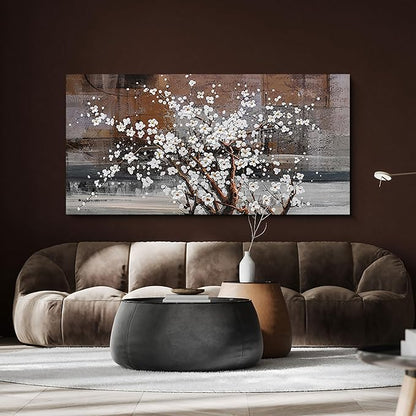 KLAKLA Wall Art for Living Room Large Modern Wall Decor Canvas Paintings for Wall Decorations White Flower on Brown Background Bedroom Office Artwork Plum Blossom Art Prints Framed 20x40