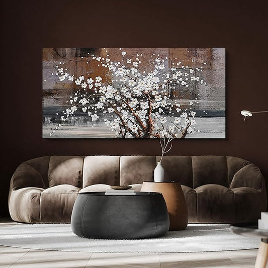 KLAKLA Wall Art for Living Room Large Modern Wall Decor Canvas Paintings for Wall Decorations White Flower on Brown Background Bedroom Office Artwork Plum Blossom Art Prints Framed 20x40