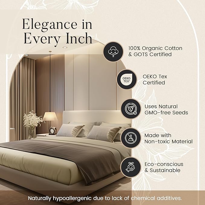 300TC 100% Organic Cotton Twin XL Size Sheets Set, XL Twin Bed Sheets Luxury Hotel Collection Fully Elasticated Sheet & Pillowcase Sets, Machine Washable No Pill Fade Resistant-Tan