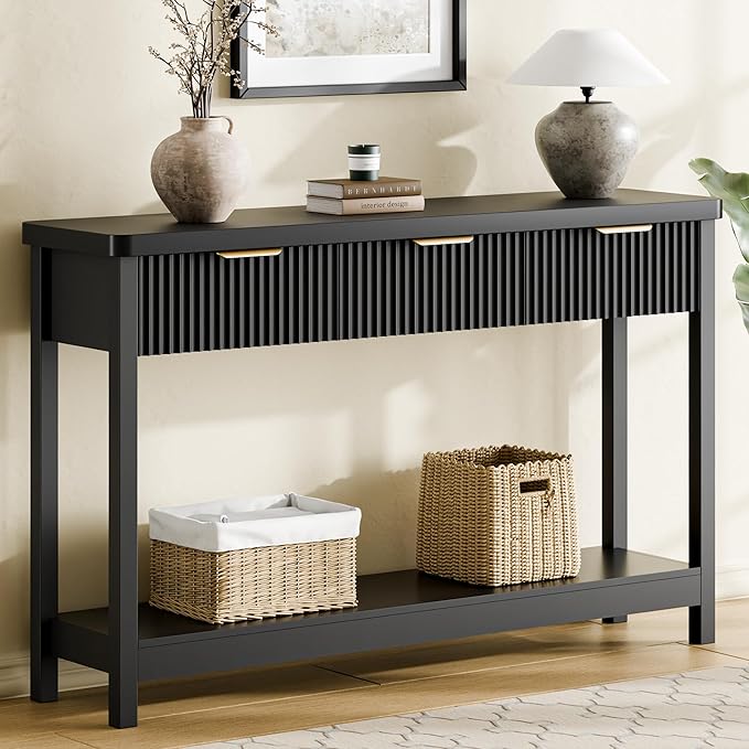 Lulive 51" Fluted Console Table for Entryway, Entryway Table with 3 Wooden Drawers, Farmhouse Behind Sofa Table for Living Room, Hallway, Couch, Foyer