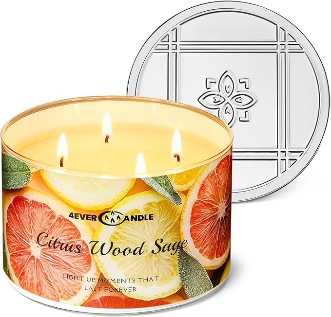 4EVER Scented Candles | 4-Wick 18oz Soy Wax Candle | Up to 50Hrs Clean Burn | Aromatherapy Candles for Home Scented | Gifts for Women & Mom, Citrus Wood Sage