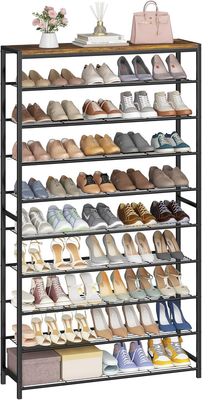 HOMEFORT 10 Tiers Shoe Rack Organizer,39.4" Shoe Storage Shelf for Closet, Shoe Rack for Entryway,Holds 45-50 Pairs of Shoe, Tall Shoe Stand with Metal Shelves and MDF Top Board,Rustic Brown